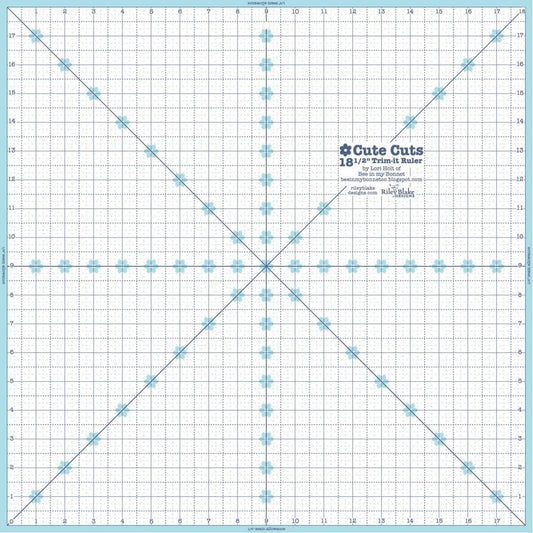 Image of the Cute Cuts™ Trim-it™ Ruler 18.5 x 18.5 by Lori Holt for Riley Blake Designs. Features an 18.5 inch square ruler with aqua borders. 
Cute Little Fabric Shop