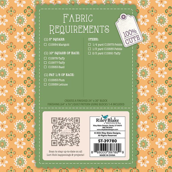 Image of the  Piece & Plenty Quilt Seeds™ Flower Basket No. 1 quilt pattern by Lori Holt for Riley Blake Designs. Features a purple flower on a quilt. 
Cute Little Fabric Shop