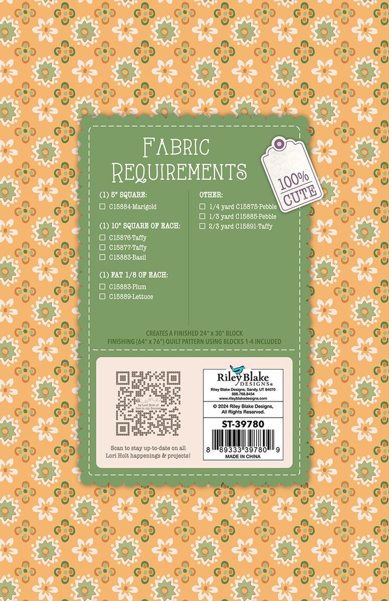 Image of the  Piece & Plenty Quilt Seeds™ Flower Basket No. 1 quilt pattern by Lori Holt for Riley Blake Designs. Features a purple flower on a quilt. 
Cute Little Fabric Shop