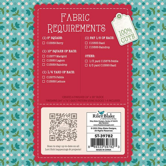 Image of the  Piece & Plenty Quilt Seeds™ Flower Basket No. 3 quilt pattern by Lori Holt for Riley Blake Designs. Features a blue flower on a quilt. 
Cute Little Fabric Shop