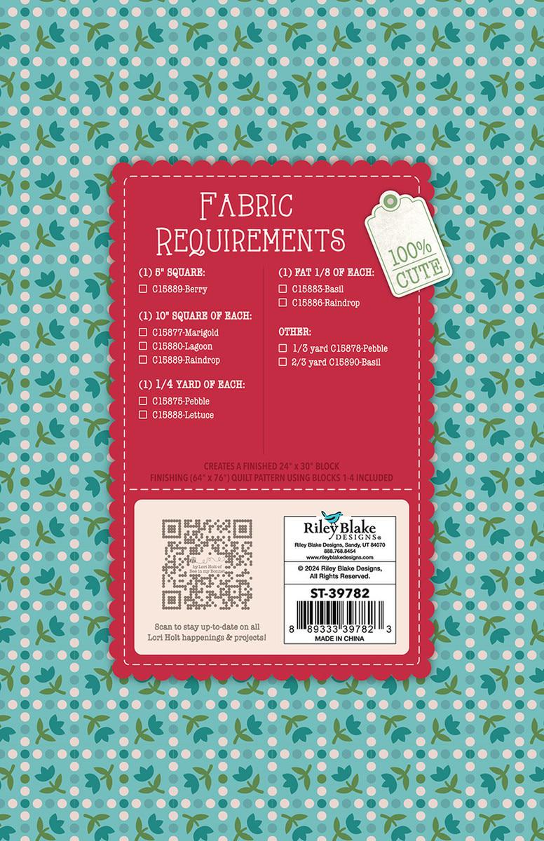 Image of the  Piece & Plenty Quilt Seeds™ Flower Basket No. 3 quilt pattern by Lori Holt for Riley Blake Designs. Features a blue flower on a quilt. 
Cute Little Fabric Shop