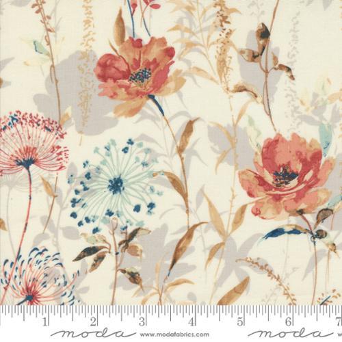 Image of the Sandalwood Meadow Opal quilting cotton fabric by 3 Sisters for Moda Fabrics. Features a floral fabric on a cream background. Cute Little Fabric Shop