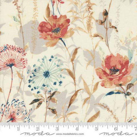 Image of the Sandalwood Meadow Opal quilting cotton fabric by 3 Sisters for Moda Fabrics. Features a floral fabric on a cream background. Cute Little Fabric Shop