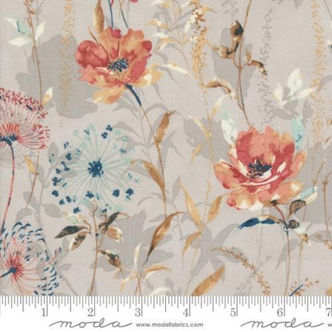 Image of the Sandalwood Meadow Moonbeam quilting cotton fabric by 3 Sisters for Moda Fabrics. Features a floral fabric on a gray background. Cute Little Fabric Shop