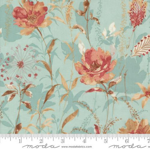 Image of the Sandalwood Meadow Eucalyptus quilting cotton fabric by 3 Sisters for Moda Fabrics. Features a floral fabric on a blue background. Cute Little Fabric Shop