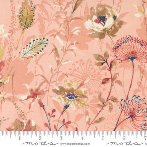 Image of the Sandalwood Meadow Rose Quartz quilting cotton fabric by 3 Sisters for Moda Fabrics. Features a floral fabric on a pink background. Cute Little Fabric Shop