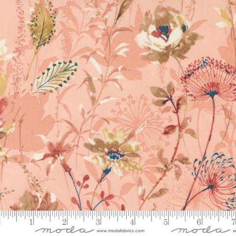 Image of the Sandalwood Meadow Rose Quartz quilting cotton fabric by 3 Sisters for Moda Fabrics. Features a floral fabric on a pink background. Cute Little Fabric Shop