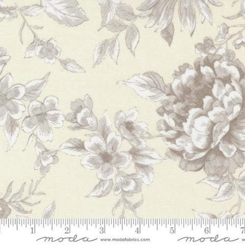 Image of the Sandalwood Camellia Opal quilting cotton fabric by 3 Sisters for Moda Fabrics. Features a floral fabric on a cream background. Cute Little Fabric Shop