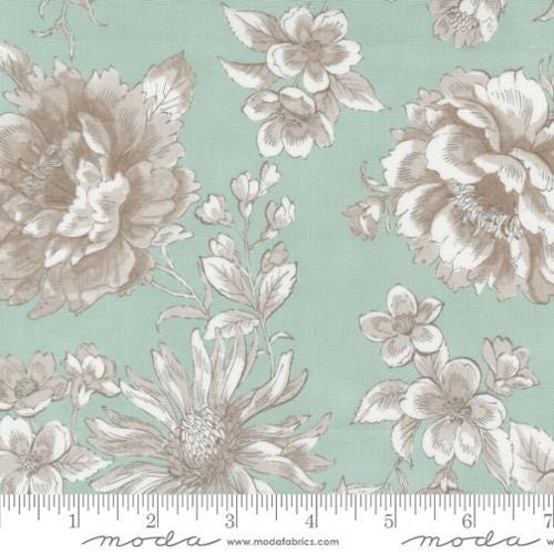 Image of the Sandalwood Camellia Eucalyptus quilting cotton fabric by 3 Sisters for Moda Fabrics. Features a floral fabric on a blue background. Cute Little Fabric Shop