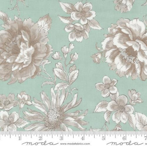 Image of the Sandalwood Camellia Eucalyptus quilting cotton fabric by 3 Sisters for Moda Fabrics. Features a floral fabric on a blue background. Cute Little Fabric Shop