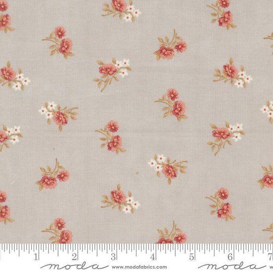 Image of the Sandalwood Rosalie Moonbeam quilting cotton fabric by 3 Sisters for Moda Fabrics. Features a floral fabric on a gray background. Cute Little Fabric Shop