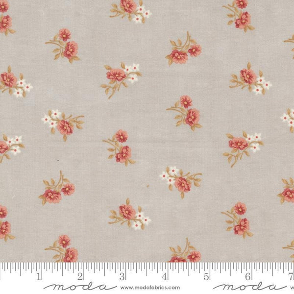 Image of the Sandalwood Rosalie Moonbeam quilting cotton fabric by 3 Sisters for Moda Fabrics. Features a floral fabric on a gray background. Cute Little Fabric Shop