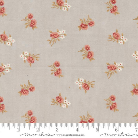 Image of the Sandalwood Rosalie Moonbeam quilting cotton fabric by 3 Sisters for Moda Fabrics. Features a floral fabric on a gray background. Cute Little Fabric Shop