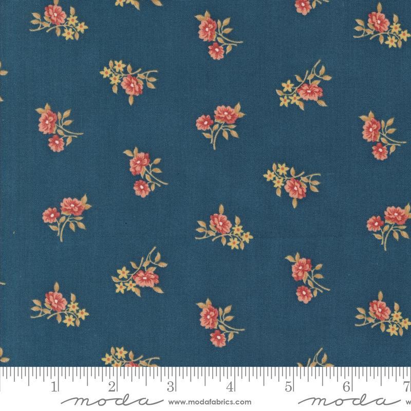 Image of the Sandalwood Rosalie Indigo quilting cotton fabric by 3 Sisters for Moda Fabrics. Features a floral fabric on a blue background. Cute Little Fabric Shop