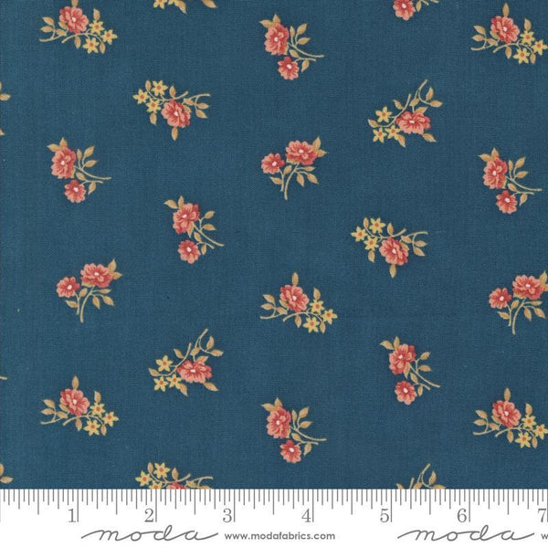 Image of the Sandalwood Rosalie Indigo quilting cotton fabric by 3 Sisters for Moda Fabrics. Features a floral fabric on a blue background. Cute Little Fabric Shop