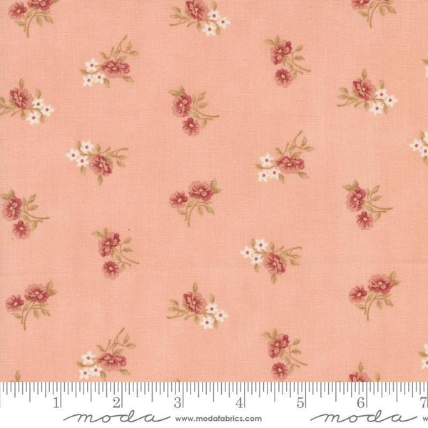 Image of the Sandalwood Rosalie Rose Quartz quilting cotton fabric by 3 Sisters for Moda Fabrics. Features a floral fabric on a pink background. Cute Little Fabric Shop