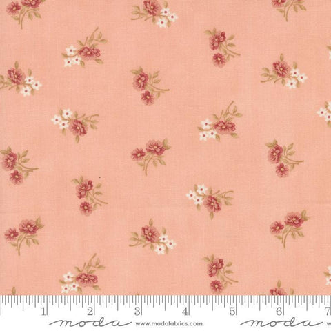 Image of the Sandalwood Rosalie Rose Quartz quilting cotton fabric by 3 Sisters for Moda Fabrics. Features a floral fabric on a pink background. Cute Little Fabric Shop