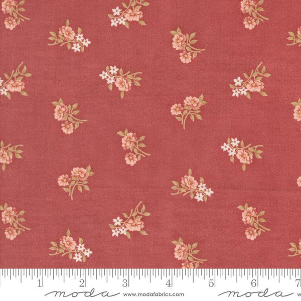 Image of the Sandalwood Rosalie Rosewood quilting cotton fabric by 3 Sisters for Moda Fabrics. Features a floral fabric on a pink background. Cute Little Fabric Shop