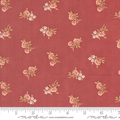 Image of the Sandalwood Rosalie Rosewood quilting cotton fabric by 3 Sisters for Moda Fabrics. Features a floral fabric on a pink background. Cute Little Fabric Shop
