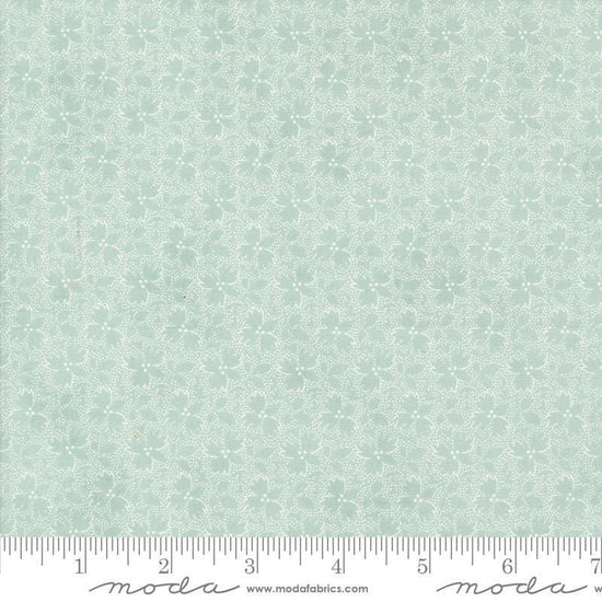 Image of the Sandalwood Harmony Eucalyptus quilting cotton fabric by 3 Sisters for Moda Fabrics. Features a floral fabric on a blue background. Cute Little Fabric Shop