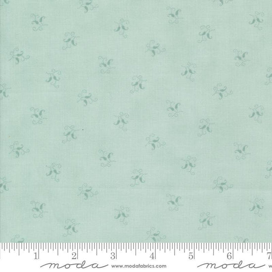Image of the Sandalwood Felicity Eucalyptus quilting cotton fabric by 3 Sisters for Moda Fabrics. Features a floral fabric on a green background. Cute Little Fabric Shop