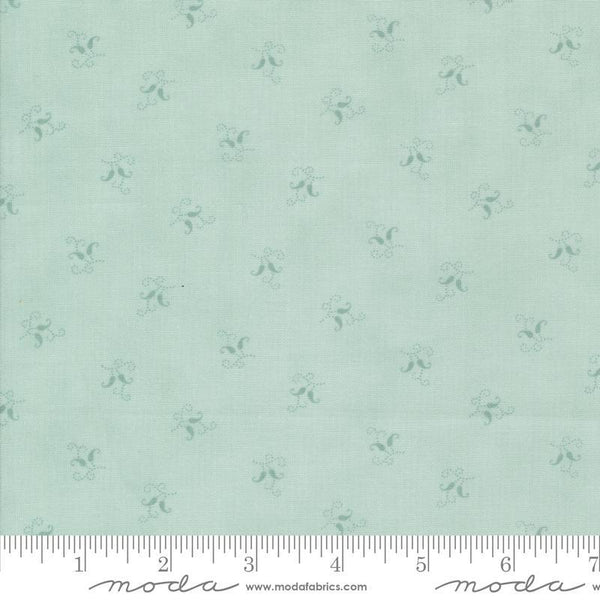 Image of the Sandalwood Felicity Eucalyptus quilting cotton fabric by 3 Sisters for Moda Fabrics. Features a floral fabric on a green background. Cute Little Fabric Shop