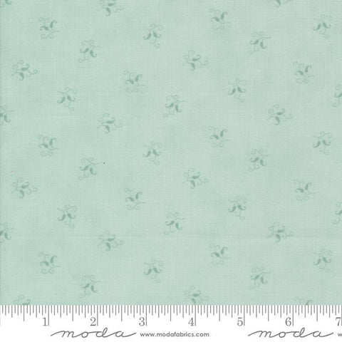 Image of the Sandalwood Felicity Eucalyptus quilting cotton fabric by 3 Sisters for Moda Fabrics. Features a floral fabric on a green background. Cute Little Fabric Shop