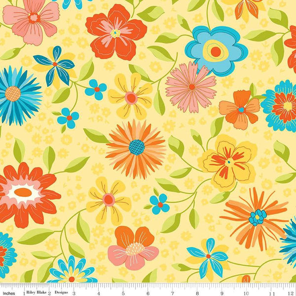 Image of the Wide Back Here Comes the Sun Yellow quilting cotton fabric by Sandy Gervais for Riley Blake Designs. Features flowers on a yellow background. 
Cute Little Fabric Shop