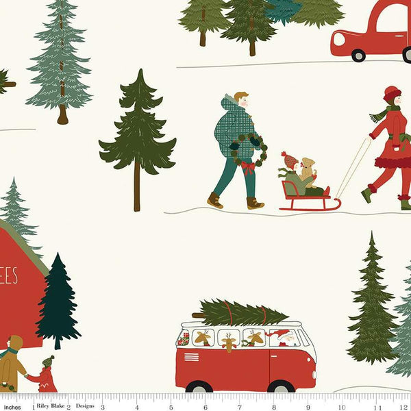 Image of the Wide Back Christmas Is in Town Cream quilting cotton wide back fabric by Sandy Gervais for Riley Blake Designs. Features christmas trees and people on a cream background. 
Cute Little Fabric Shop