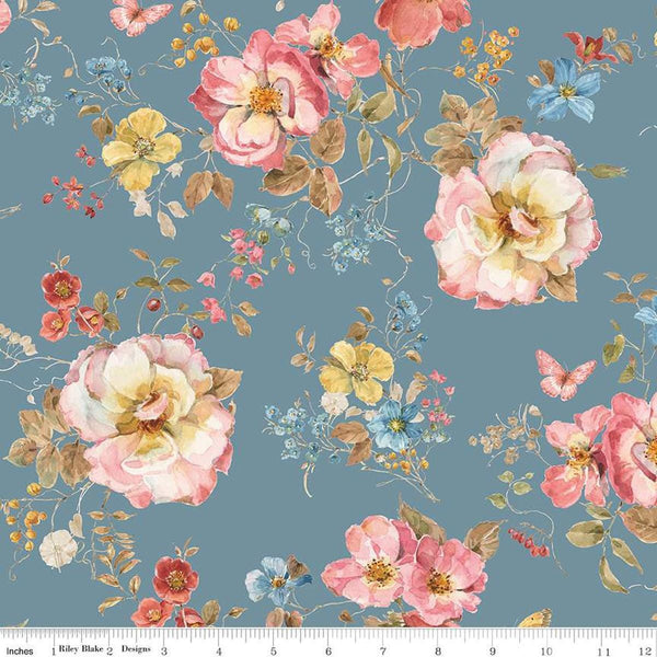 Image of the Wide Back Countryside Floral Storm quilting cotton fabric by Lisa Audit for Riley Blake Designs. Features flowers on a blue background. 
Cute Little Fabric Shop