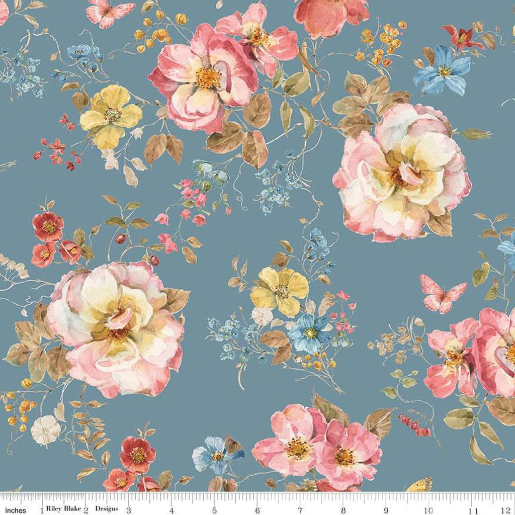 Image of the Wide Back Countryside Floral Storm quilting cotton fabric by Lisa Audit for Riley Blake Designs. Features flowers on a blue background. 
Cute Little Fabric Shop