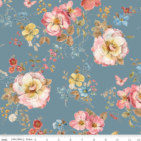 Image of the Wide Back Countryside Floral Storm quilting cotton fabric by Lisa Audit for Riley Blake Designs. Features flowers on a blue background. 
Cute Little Fabric Shop
