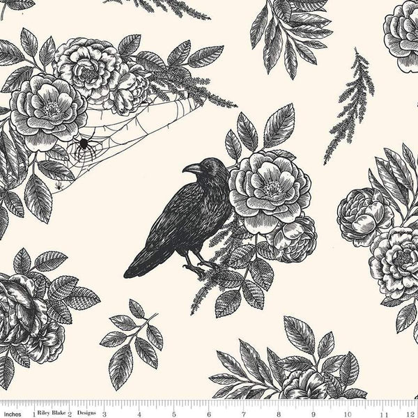 Image of the Wide Back Sophisticated Halloween Floral Raven Cream quilting cotton fabric by My Minds Eye for Riley Blake Designs. Features black flowers and ravens on a cream background.
Cute Little Fabric Shop