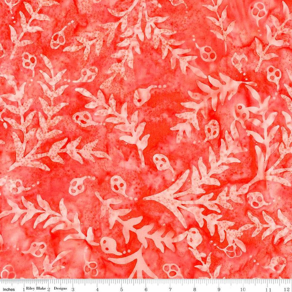 Image of the Expressions Batiks Sassy and Tweet Papaya quilting cotton fabric. Features an abstract design on a red background. Cute Little Fabric Shop