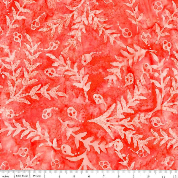 Image of the Expressions Batiks Sassy and Tweet Papaya quilting cotton fabric. Features an abstract design on a red background. Cute Little Fabric Shop