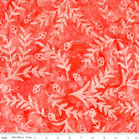 Image of the Expressions Batiks Sassy and Tweet Papaya quilting cotton fabric. Features an abstract design on a red background. Cute Little Fabric Shop