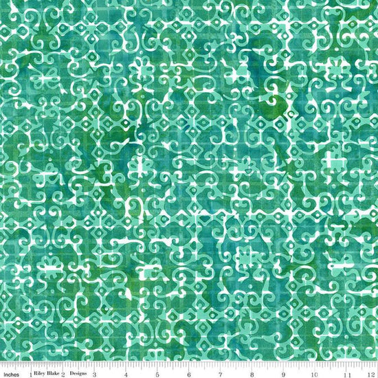 Image of the Expressions Batiks Sassy and Tweet Aquamarine quilting cotton fabric. Features an abstract design on a teal background. Cute Little Fabric Shop