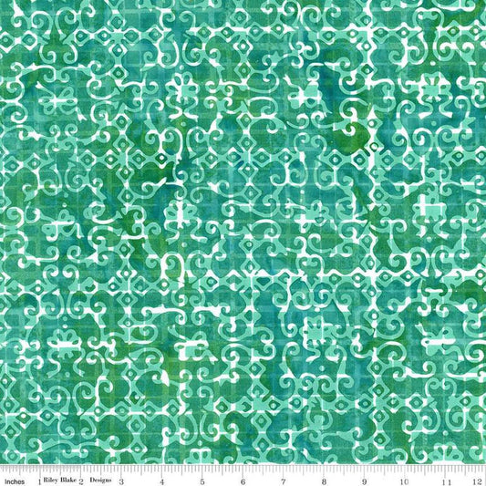 Image of the Expressions Batiks Sassy and Tweet Aquamarine quilting cotton fabric. Features an abstract design on a teal background. Cute Little Fabric Shop