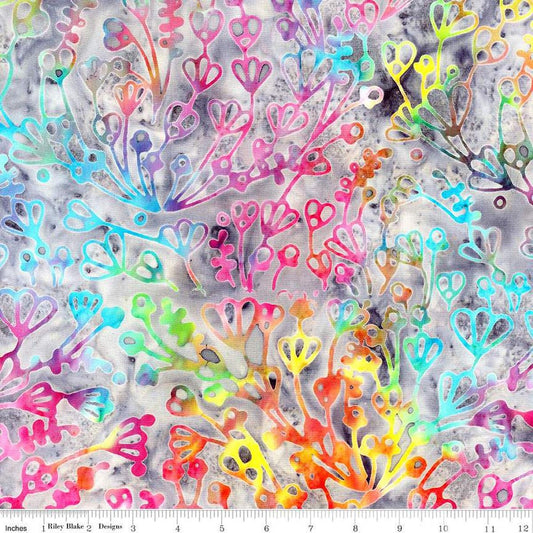 Image of the Expressions Batiks Sassy and Tweet Rainbow Sherbet quilting cotton fabric. Features an abstract design on a rainbow background. Cute Little Fabric Shop