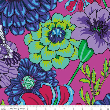 Image of the Wide Back Botanic Blast Carnations Hot Pink quilting cotton fabric by Sew Yeah Quilting for Riley Blake Designs. Features large flowers on a pink background. 
Cute Little Fabric Shop