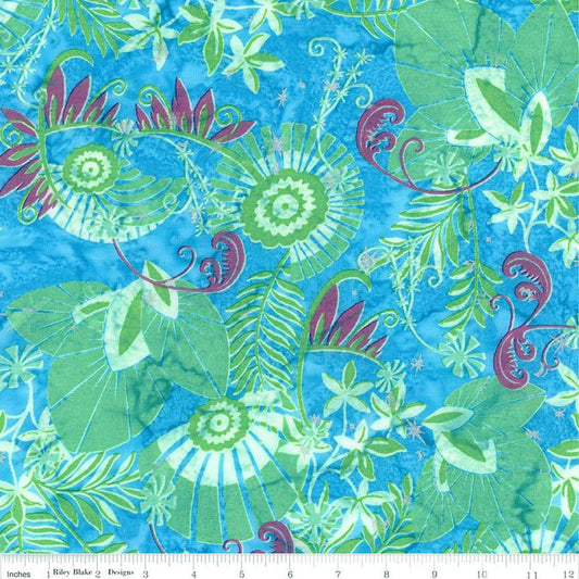 Image of the Expressions Batiks Bedazzled! Stardust Splash quilting cotton fabric by Pat Fryer for Riley Blake Designs. Features a flower pattern on a blue background. 
Cute Little Fabric Shop