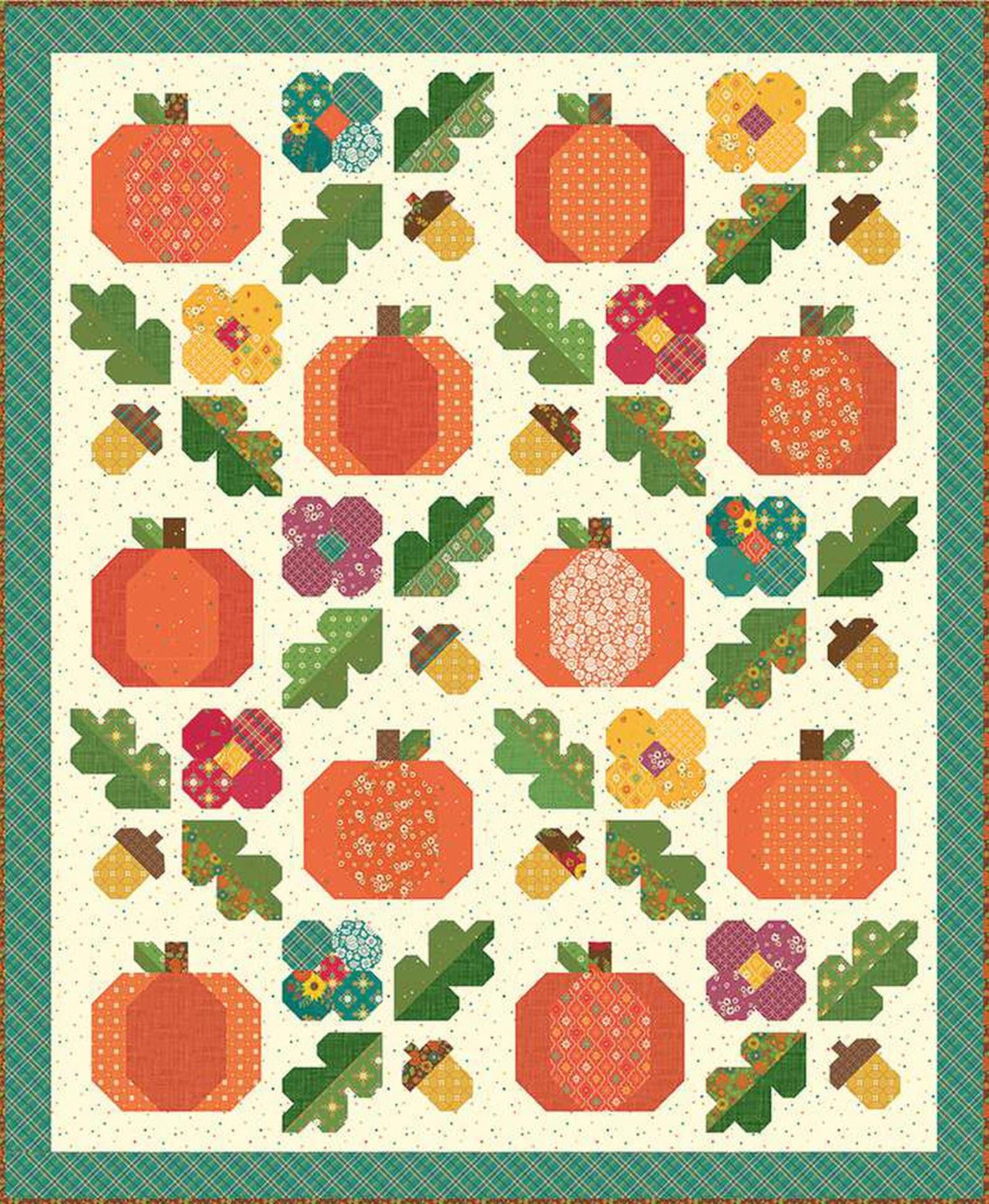 Image of the Under the Oaks Quilt Boxed Kit by Heather Peterson for Riley Blake Designs. Features pumpkins and leaves on a quilt. 
Cute Little Fabric Shop