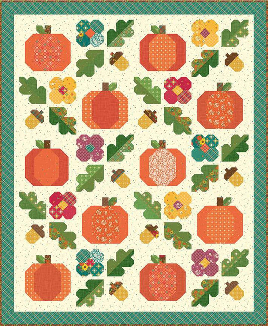 Image of the Under the Oaks Quilt Boxed Kit by Heather Peterson for Riley Blake Designs. Features pumpkins and leaves on a quilt. 
Cute Little Fabric Shop