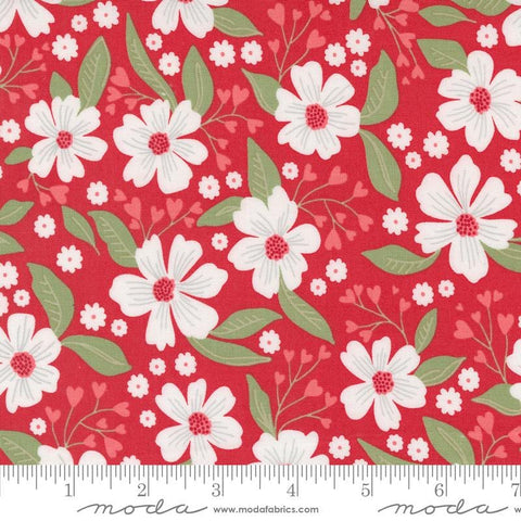Image of the Love Blooms Florals Rose quilting cotton fabric by Moda Fabrics. Features flowers on a red background. Cute Little Fabric Shop