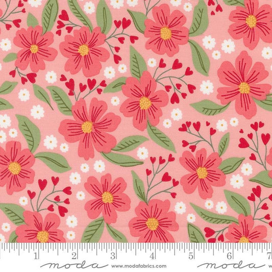 Image of the Love Blooms Florals Blush quilting cotton fabric by Moda Fabrics. Features flowers on a pink background. Cute Little Fabric Shop