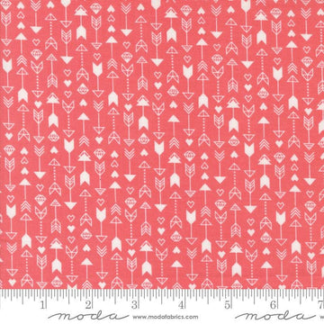 Image of the Love Blooms Arrow Lipstick quilting cotton fabric by Moda Fabrics. Features arrows on a red background. Cute Little Fabric Shop