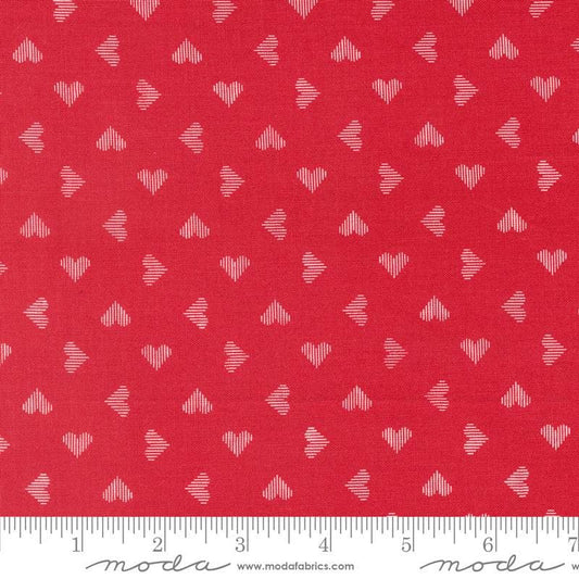 Image of the Love Blooms Sweetheart Rose quilting cotton fabric by Moda Fabrics. Features a checkered pattern on a red background. Cute Little Fabric Shop