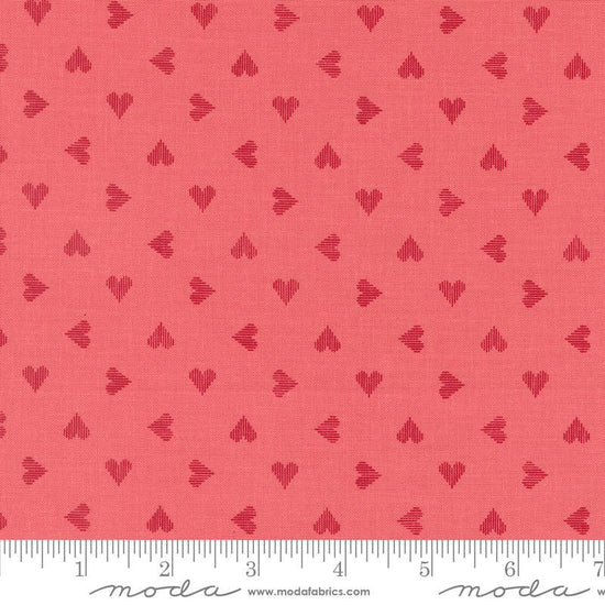 Image of the Love Blooms Sweetheart Lipstick quilting cotton fabric by Moda Fabrics. Features a checkered pattern on a red background. Cute Little Fabric Shop
