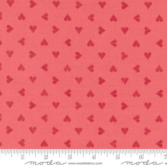 Image of the Love Blooms Sweetheart Lipstick quilting cotton fabric by Moda Fabrics. Features a checkered pattern on a red background. Cute Little Fabric Shop