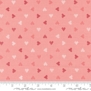 Image of the Love Blooms Sweetheart Blush quilting cotton fabric by Moda Fabrics. Features a checkered pattern on a pink background. Cute Little Fabric Shop